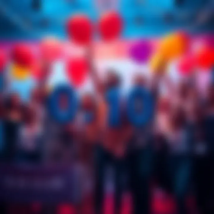 Group of happy people celebrating their achievement of joining the 0.10 Club with balloons and banners