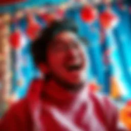 A person joyfully celebrating their 10th Ether acquisition with a festive background and decorations.
