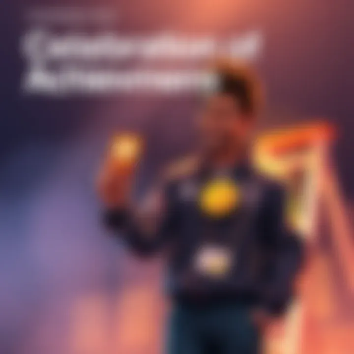 A person smiling while holding their first badge, standing next to a completed ladder and showing $1 in rent, symbolizing personal growth and success.