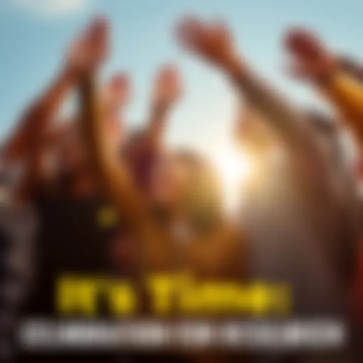 A group of diverse people celebrating together with smiles and raised arms, symbolizing triumph over challenges.