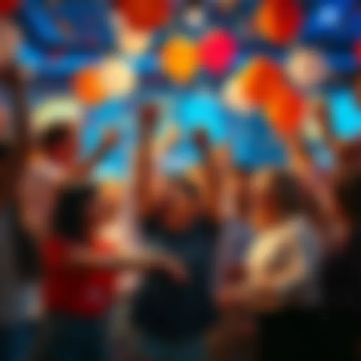 A group of people happily celebrating the achievement of joining the $5 club, with balloons and confetti around them.