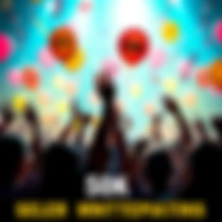 A vibrant celebration scene with people cheering and holding balloons, marked by banners showing 50K milestone, creating a festive atmosphere.