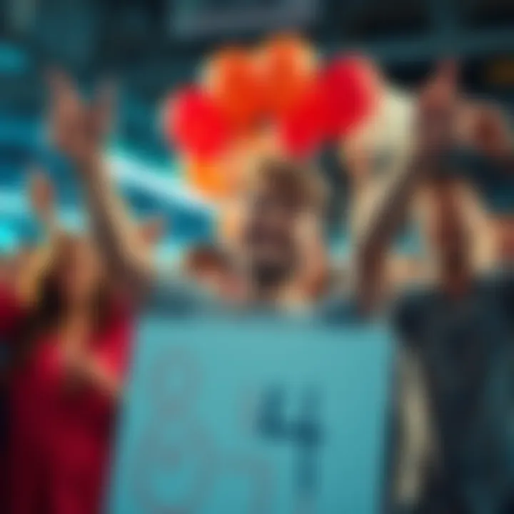 A person happily celebrating with friends after reaching a score of 84, holding a sign that says '84' with balloons in the background.