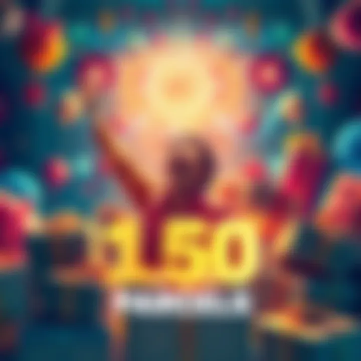 A person celebrating reaching 150 parcels with excitement, surrounded by colorful parcels and decorations, symbolizing success in a free-to-play journey.