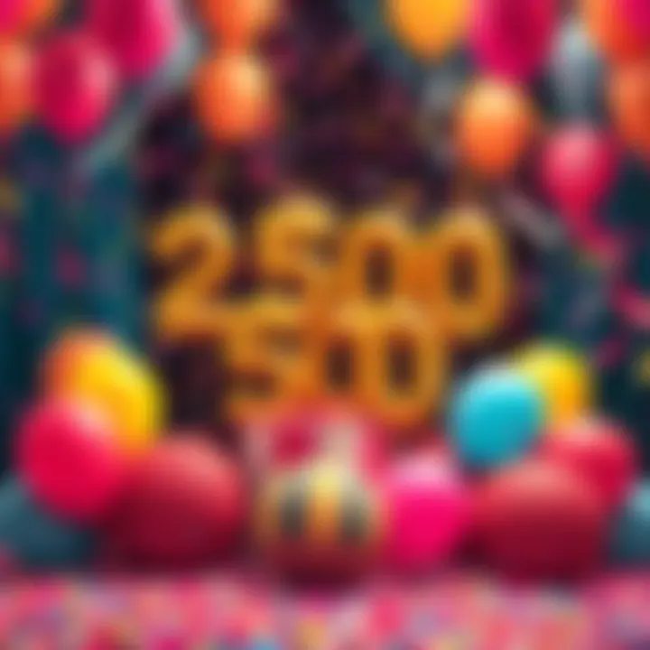 A joyful celebration with colorful balloons and confetti, marking the achievement of 2500 parcels.