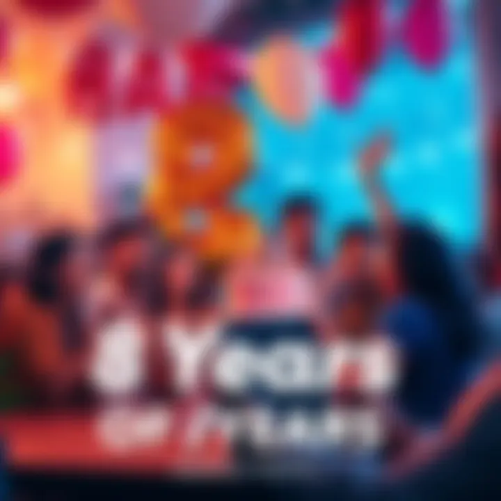 Celebration of 8 Years A festive scene with people celebrating an 8-year milestone, holding balloons and a cake, expressing joy and togetherness.