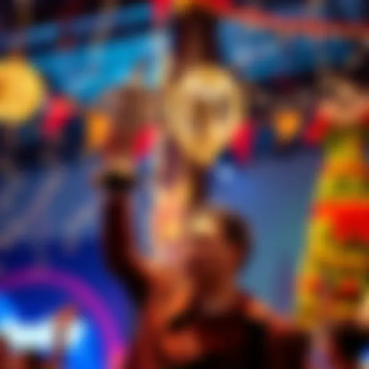 A person celebrating success with a trophy in hand, symbolizing completion of a significant milestone, with a backdrop of festive decorations.