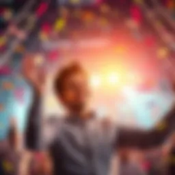 A person joyfully celebrating reaching a financial milestone with a smile and raised hands, surrounded by confetti.