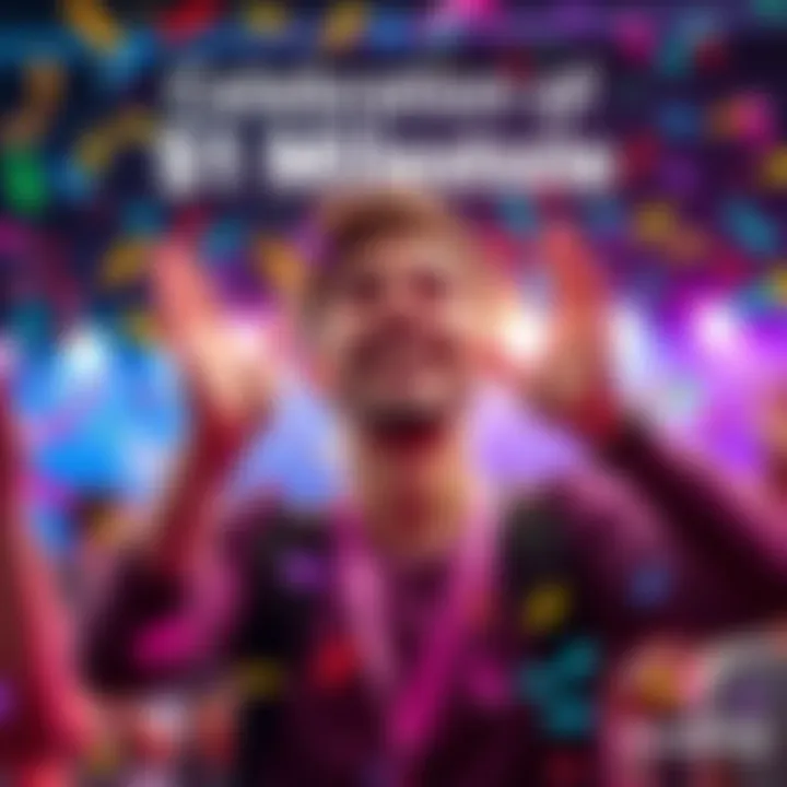 Celebration of $1 Milestone A joyful player celebrating reaching the $1 milestone with a bright smile and raised hands, surrounded by colorful confetti.