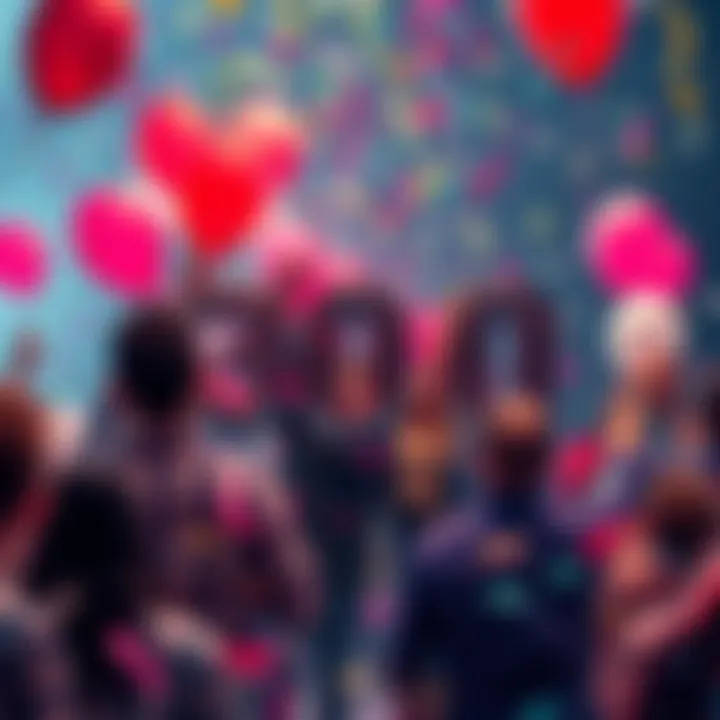 People celebrating a milestone with balloons and confetti