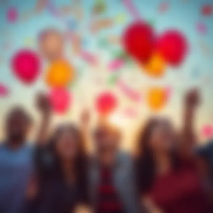 People celebrating with joy A group of people laughing and enjoying a joyful moment together, with balloons and confetti in the air