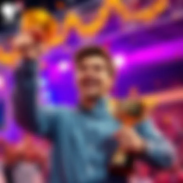 A person celebrating happily after winning the Premium Rewards Ladder challenge, holding a trophy and smiling with excitement.
