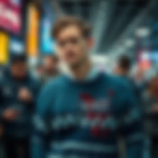 A well-known celebrity looking frustrated, standing with a stained sweater in a crowded public space, capturing the struggles of fame.