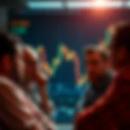 A worried group of people discussing a crypto theft scheme, with a chart showing a decline in cryptocurrency value in the background.