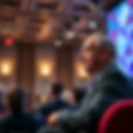 Former CFTC chief speaking at a conference about the need for clearer cryptocurrency regulations for banks, with an audience listening attentively.