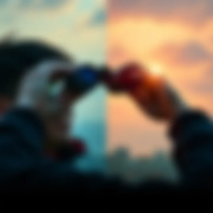 A person looking through a pair of binoculars, seeing a bright and joyful scene while another view shows a dull landscape. This illustrates how perspective can alter our understanding of life and humo...