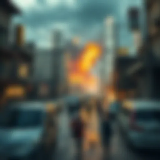 A chaotic city scene with people facing power outages and disruption of services, depicting potential famine and disorder.