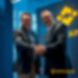 Charles Hoskinson shaking hands with a Binance representative, symbolizing a new collaboration in cryptocurrency.