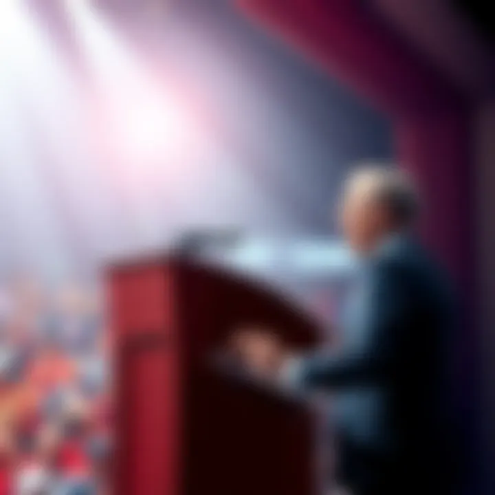 Charles speaking passionately at a podium, addressing competition and drawing mixed reactions from the crowd.