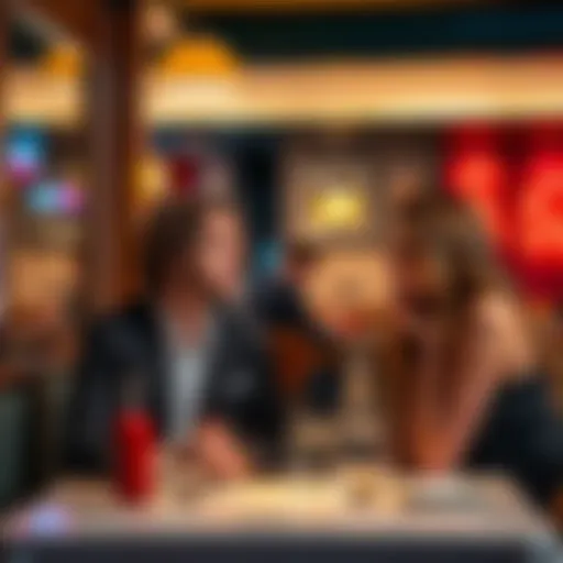 A man sitting at a table in a restaurant looks intrigued while a charming woman leans forward, engaging him in conversation, suggesting a flirtatious atmosphere.