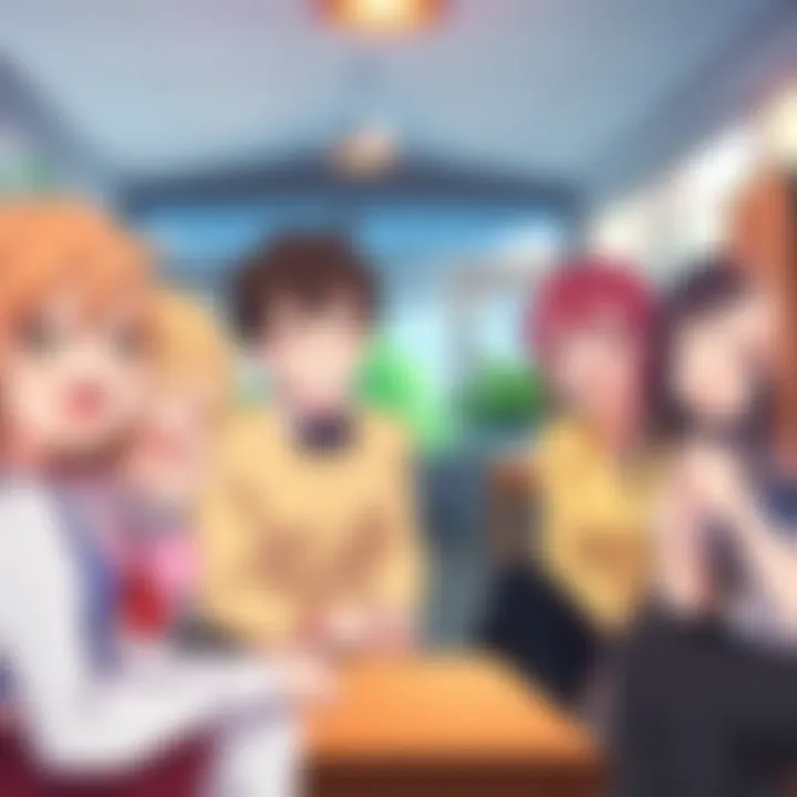 A group of cheerful anime characters enjoying time together in a school setting, sharing laughs and friendship.