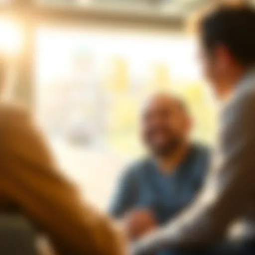 A smiling man sitting with a thoughtful look, listening intently to a wise figure sharing encouraging advice in a bright, uplifting setting.