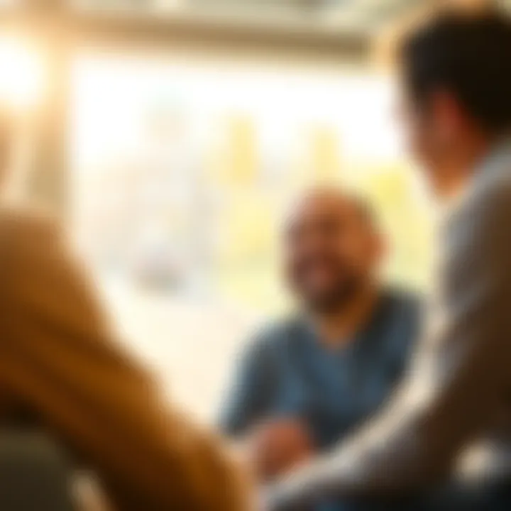 A smiling man sitting with a thoughtful look, listening intently to a wise figure sharing encouraging advice in a bright, uplifting setting.