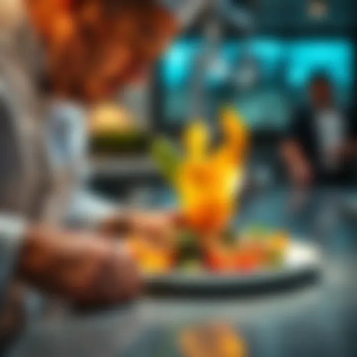 A chef skillfully plating a gourmet meal with vibrant ingredients and elegant presentation.