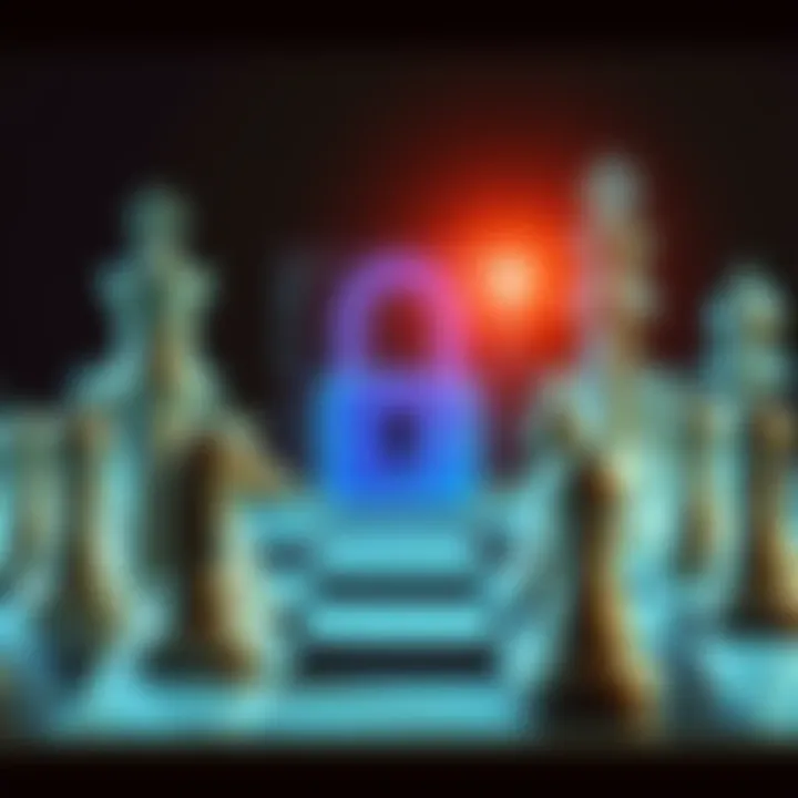 Chess Pieces and Digital Lock A close-up of chess pieces on a board with a digital lock overlay, representing the connection between chess and cybersecurity.