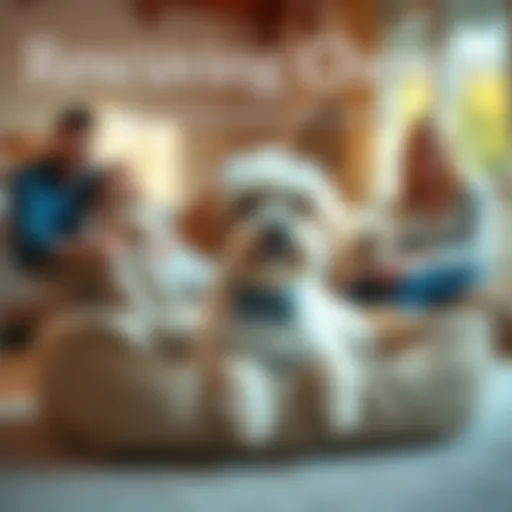 Chewy, a small dog with fluffy fur, relaxing on a cozy dog bed in a sunny living room, surrounded by family members smiling at him.