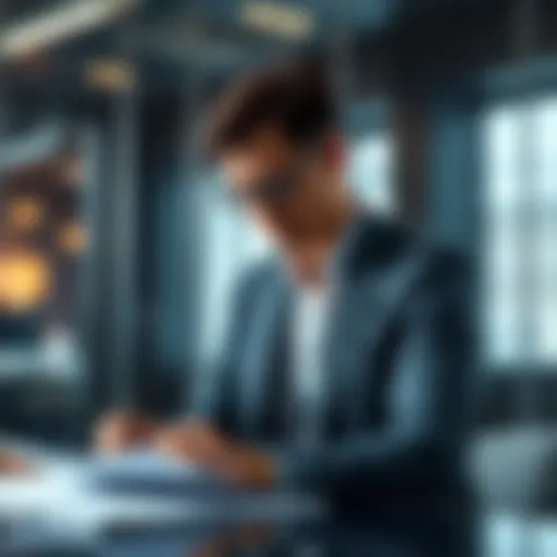 A focused professional in a business setting, representing the Chief Legal Officer at Flexa, working on legal documents and compliance strategies.