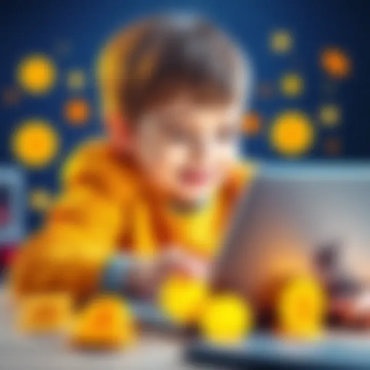 A young child sitting with a laptop, looking at colorful Bitcoin symbols and coins, smiling while learning about digital money.