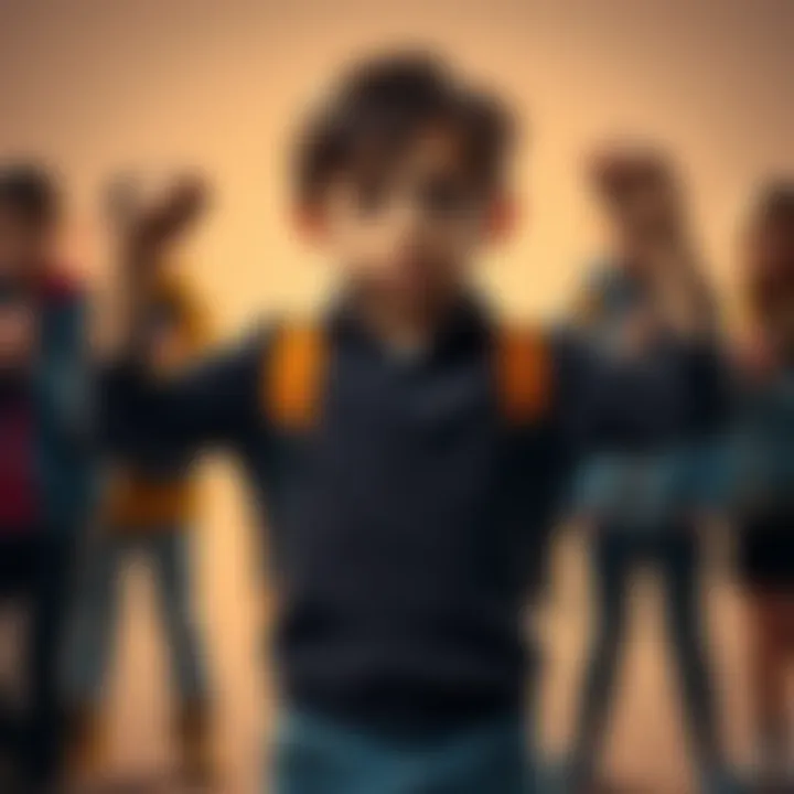 A child confidently facing a group of negative peers, demonstrating resilience in a challenging situation.