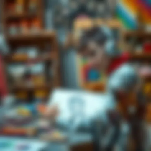 Artist working on a colorful childhood portrait, surrounded by art supplies, with a sketch in progress.