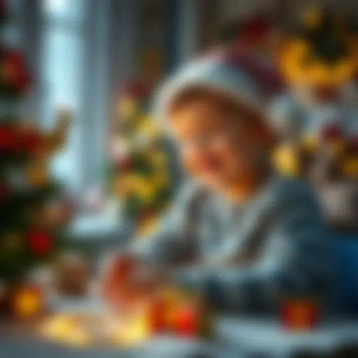 A happy child playing with holiday decorations, focusing on joy during Christmas