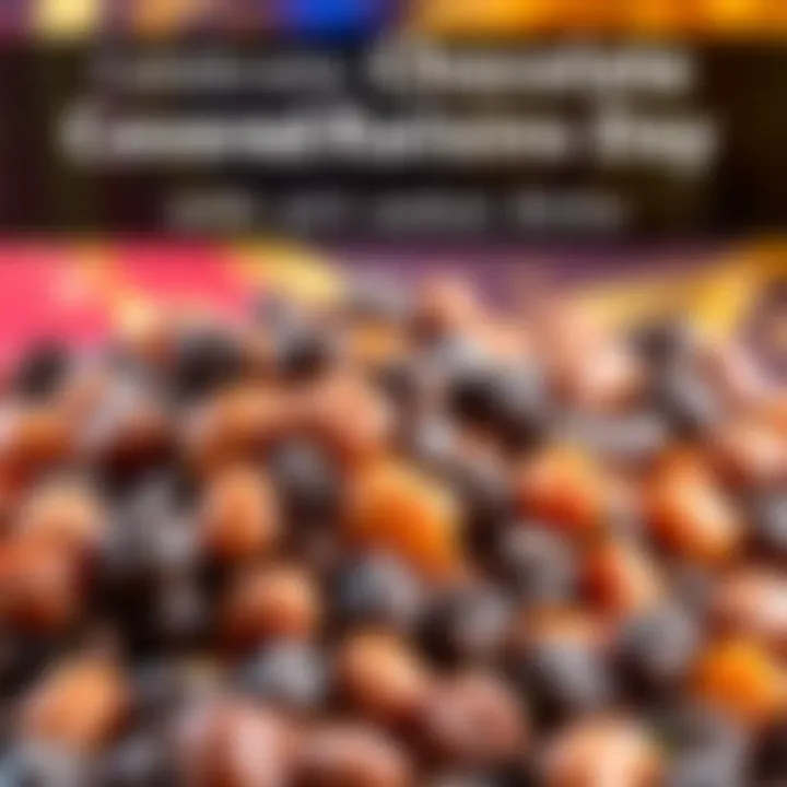 A colorful display of chocolate covered raisins with a festive background, celebrating the sweet treat.