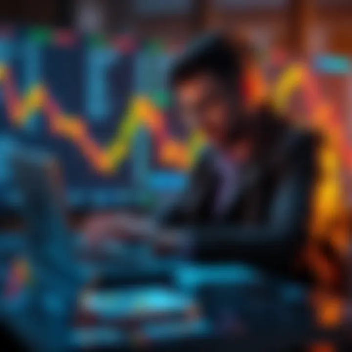 A person analyzing crypto platform options on a laptop, with financial charts in the background.