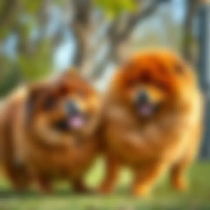 A female and a male Chow Chow playing in a park, showcasing their playful nature