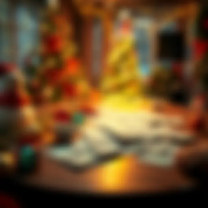 A festive scene with a Christmas tree, holiday decorations, and betting slips spread out on a table, symbolizing financial opportunity during the holiday season.