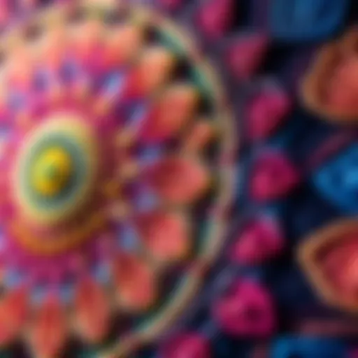 A close-up of a colorful Cinderella Mandala with intricate stitching techniques visible, showing nearly complete design and some backstitching in progress.