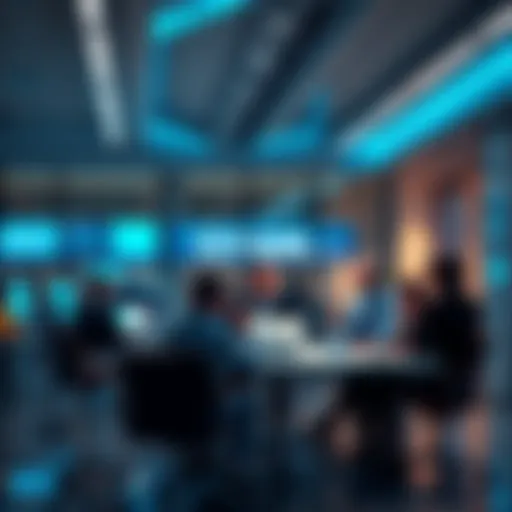 A modern office setting at Citadel Securities with employees discussing a financial report, reflecting a serious atmosphere as they communicate key updates.
