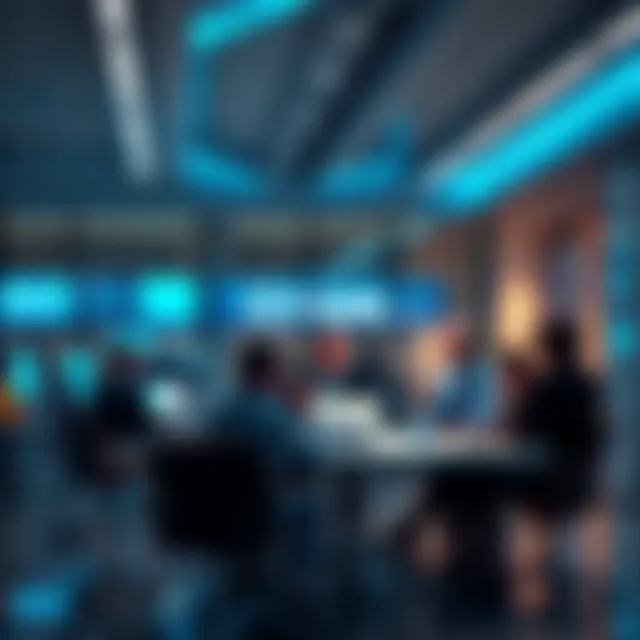 A modern office setting at Citadel Securities with employees discussing a financial report, reflecting a serious atmosphere as they communicate key updates.