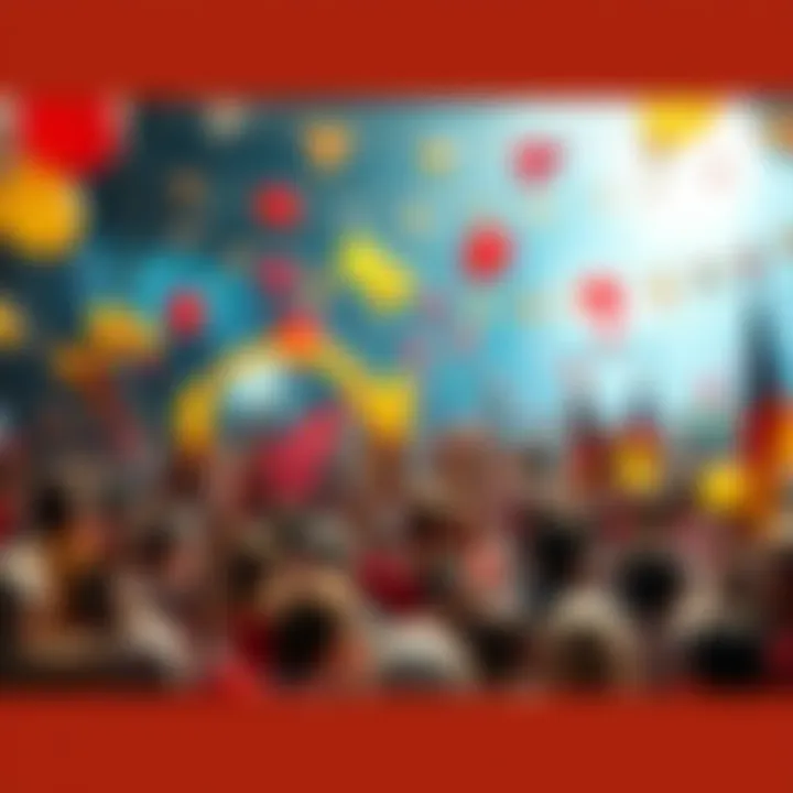 A crowd of people celebrating a local achievement with balloons and banners in a festive atmosphere