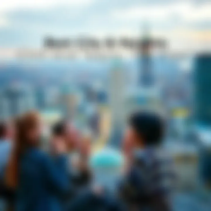 Group of friends relaxing with ice cream cones on a rooftop, overlooking busy city streets