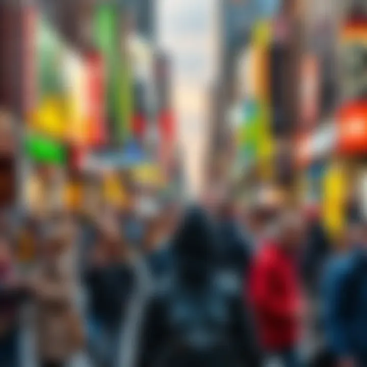 A busy city street with people checking their phones for news updates