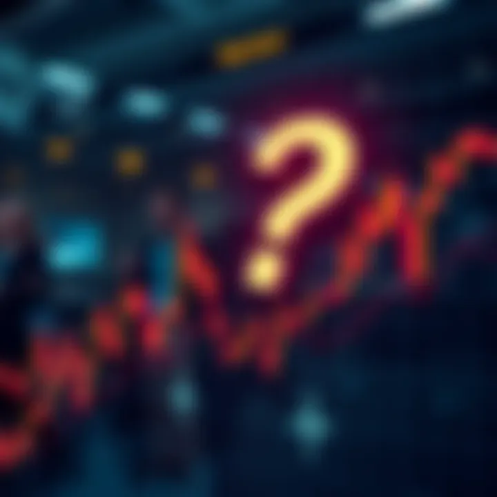 A stock market chart showing an upward trend with a question mark overlay, indicating potential changes from the Clarity Act, and people discussing in the background.
