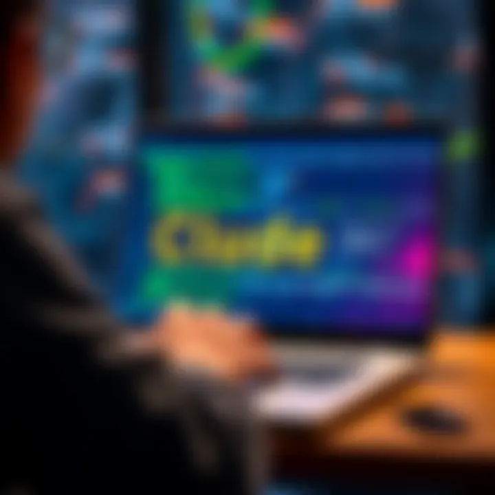 A person coding on a laptop showcasing Claude Code on the screen with coding symbols around