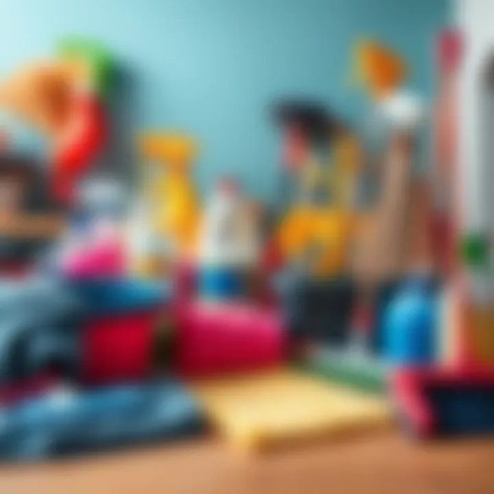 A collection of cleaning supplies including mops, brooms, and cleaning solutions on a table