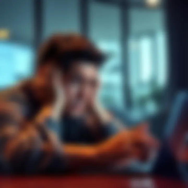A frustrated person looking at a laptop with a message about a closed Revolut account, showing disappointment and concern about accessing funds.