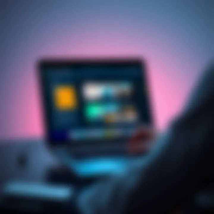 A person working on a laptop with a visual content management system interface displayed on the screen, showcasing blocks of reusable content.